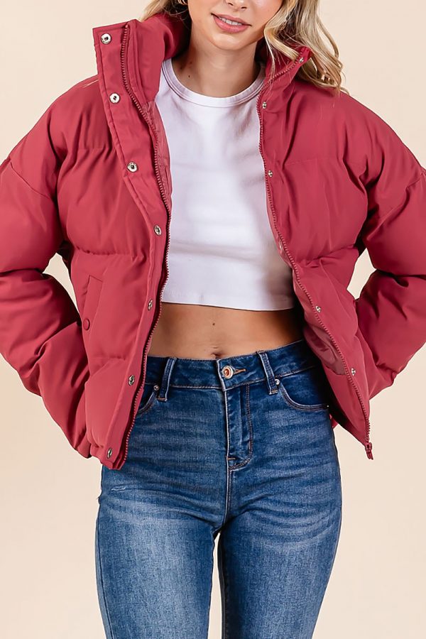 SOLID PUFFER JACKET WITH FRONT ZIPPER SNAP BUTTON