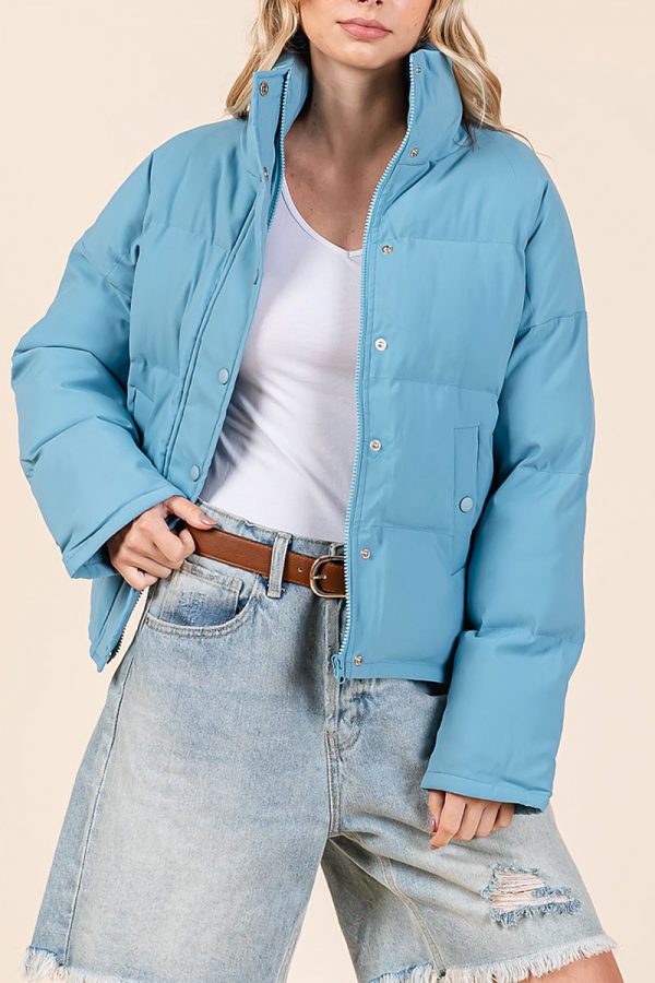 SOLID PUFFER JACKET WITH FRONT ZIPPER SNAP BUTTON - Image 4